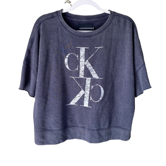 Calvin Klein sweatshirt shirt sleeve Rae hem burn out‎ navy blue large NEW - Picture 1 of 5